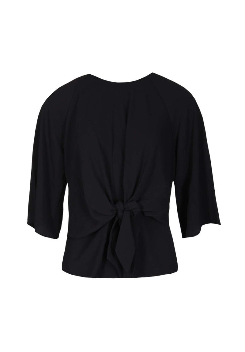 Black Tie Waist Flared Sleeve Top