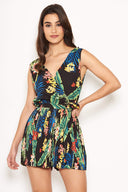 Black Tropical Print Pleated Playsuit