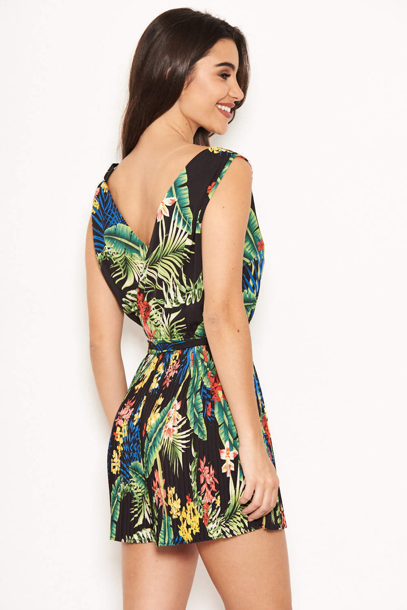 Black Tropical Print Pleated Playsuit