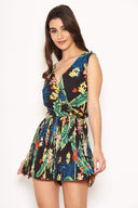 Black Tropical Print Pleated Playsuit