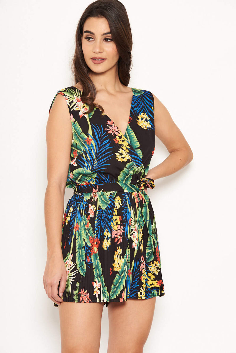 Black Tropical Print Pleated Playsuit