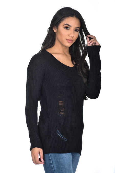 Black V Neck Cable Knit Laddered Jumper