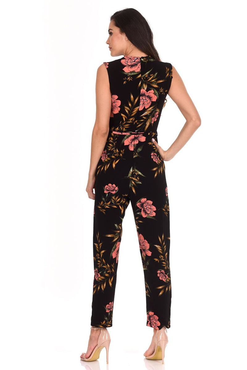 Black V-Neck Floral Print Jumpsuit