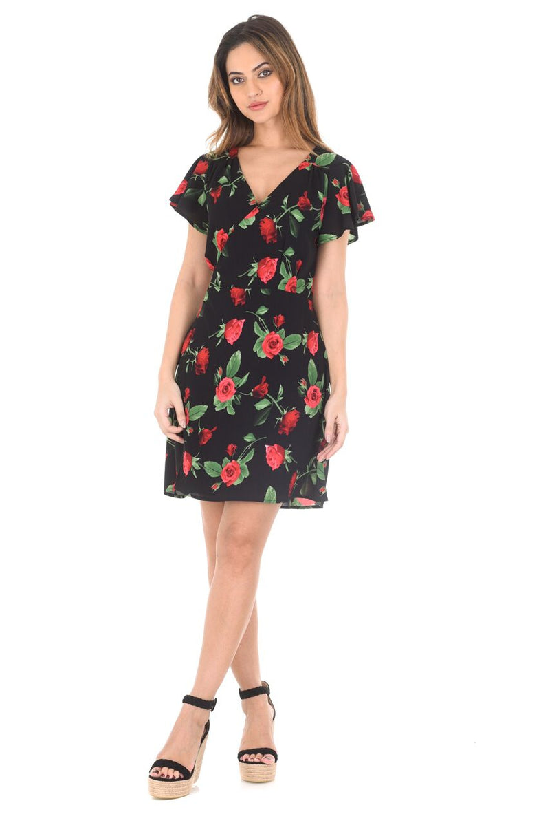 Black V-neck Wrap Front Floral Dress