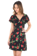 Black V-neck Wrap Front Floral Dress