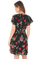 Black V-neck Wrap Front Floral Dress