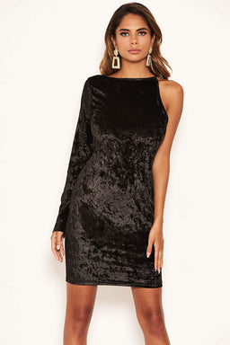 Black Velvet One Sleeve Bodycon Dress