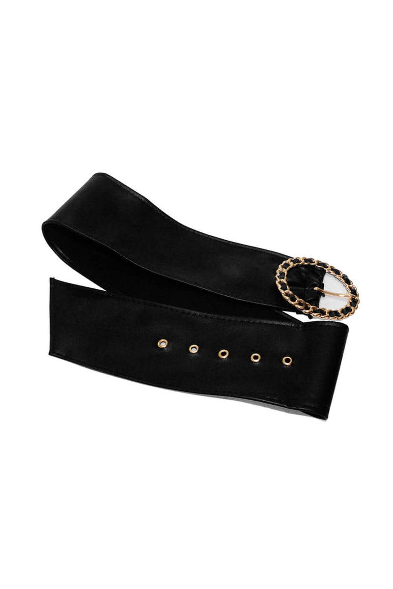 Black Wide Waist Belt With Statement Gold Buckle