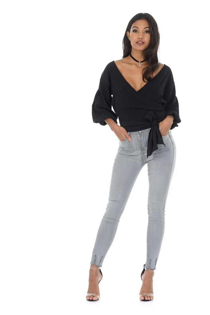 Black Wrap Cropped Tie Top