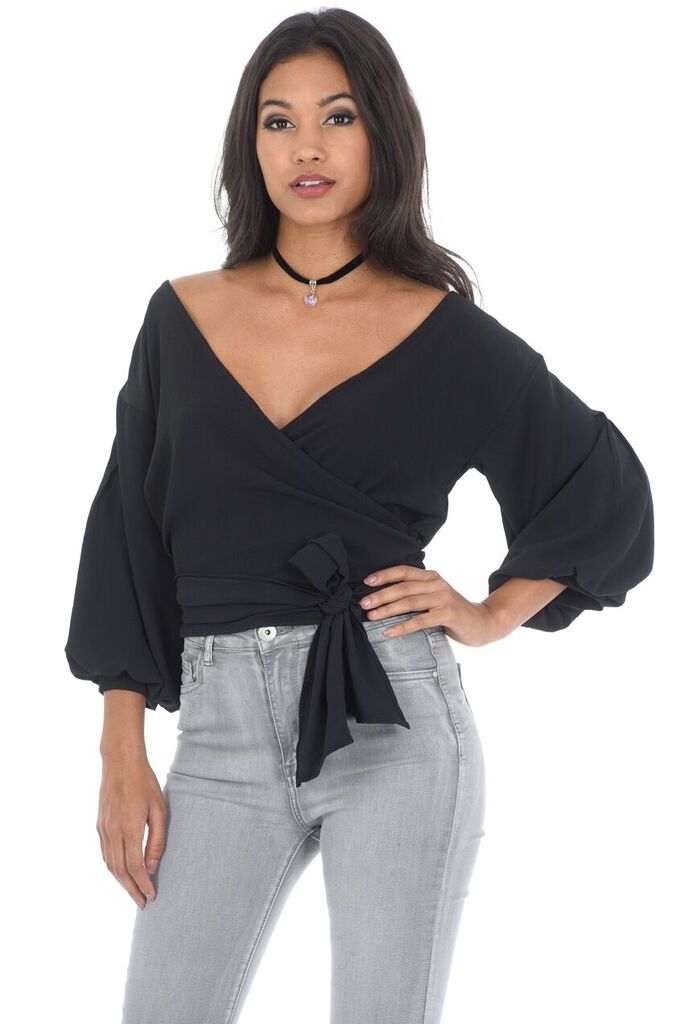 Black Wrap Cropped Tie Top