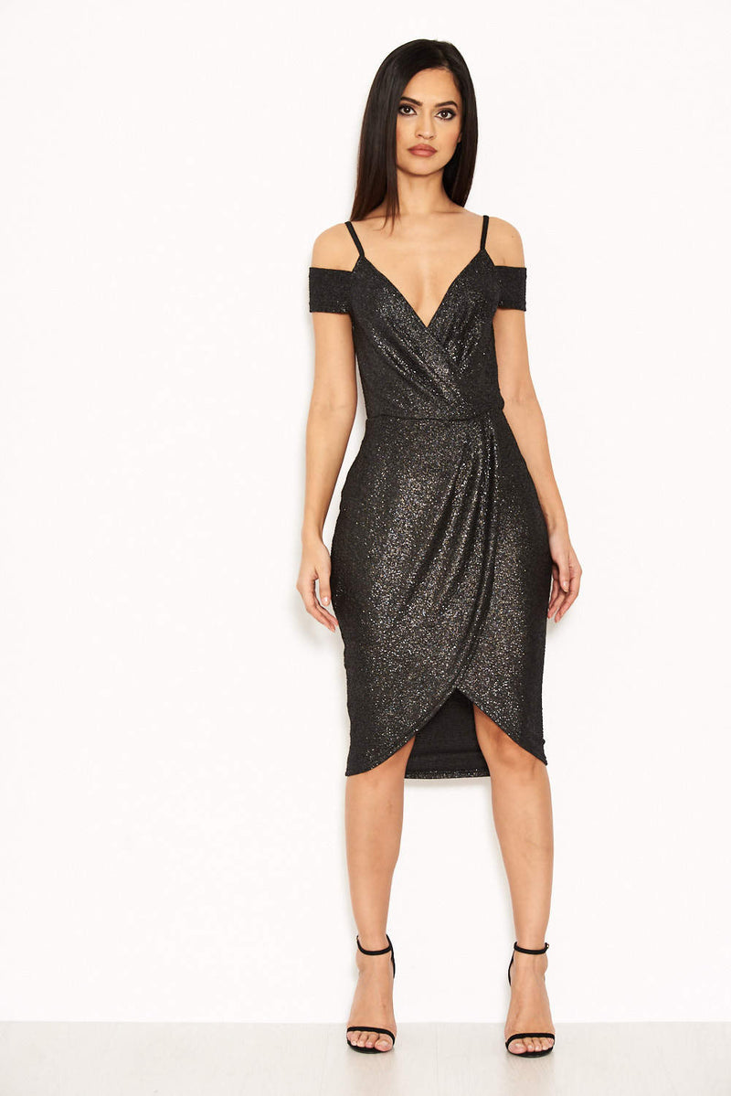 Black Wrap Front Sparkle Dress