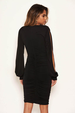 Black Wrap Over Ruched Bodycon Dress