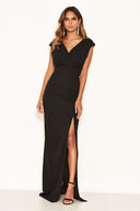 Black Wrap V Neck Slit Maxi Dress