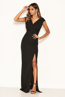 Black Wrap V Neck Slit Maxi Dress