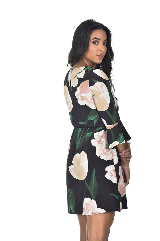 Black Floral Flared Sleeve Dress