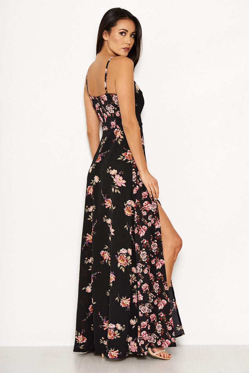 Black Floral V Neck Maxi Dress