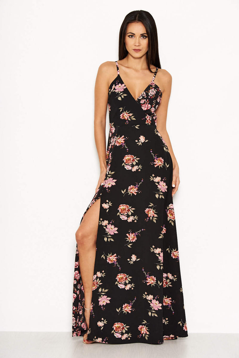 Black Floral V Neck Maxi Dress