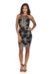 Black and Gold Embroidered High neck Bodycon Dress