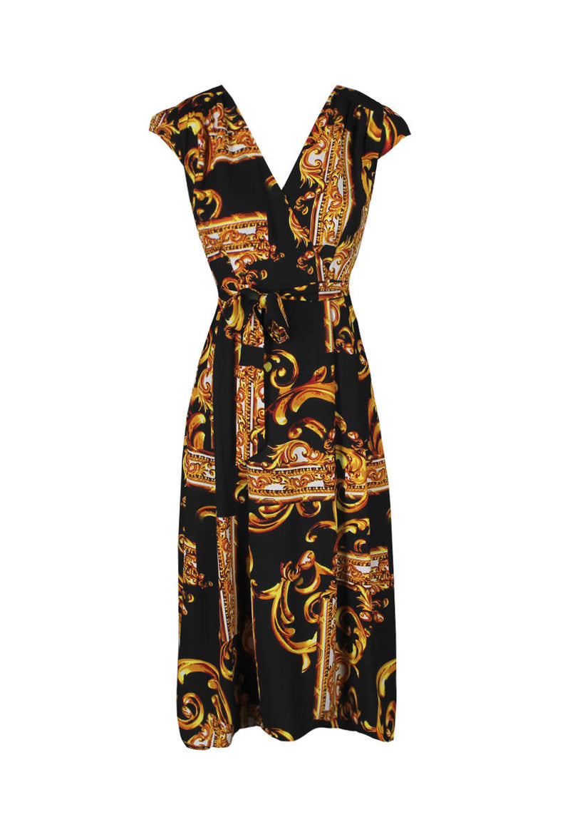 Black and Gold Patterned Wrap Over Tie Waist Belt Dress