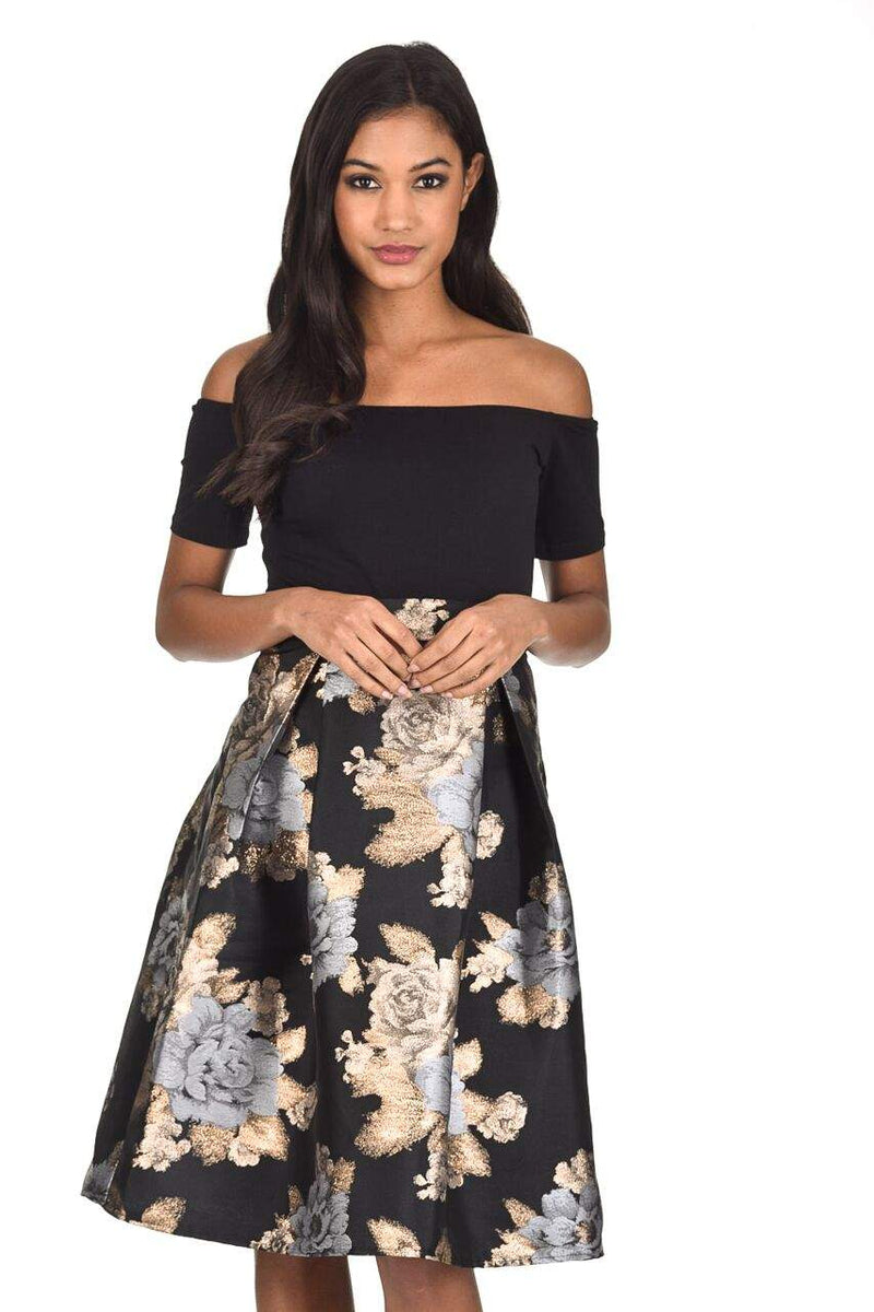 Black and Gold Two In One Floral Skater Dress AX Paris Black and Gold Two In One Floral Skater Dress AX Paris