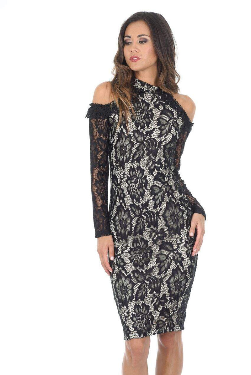 Black and Nude Midi High Neck Lace Dress