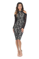 Black and Nude Midi High Neck Lace Dress