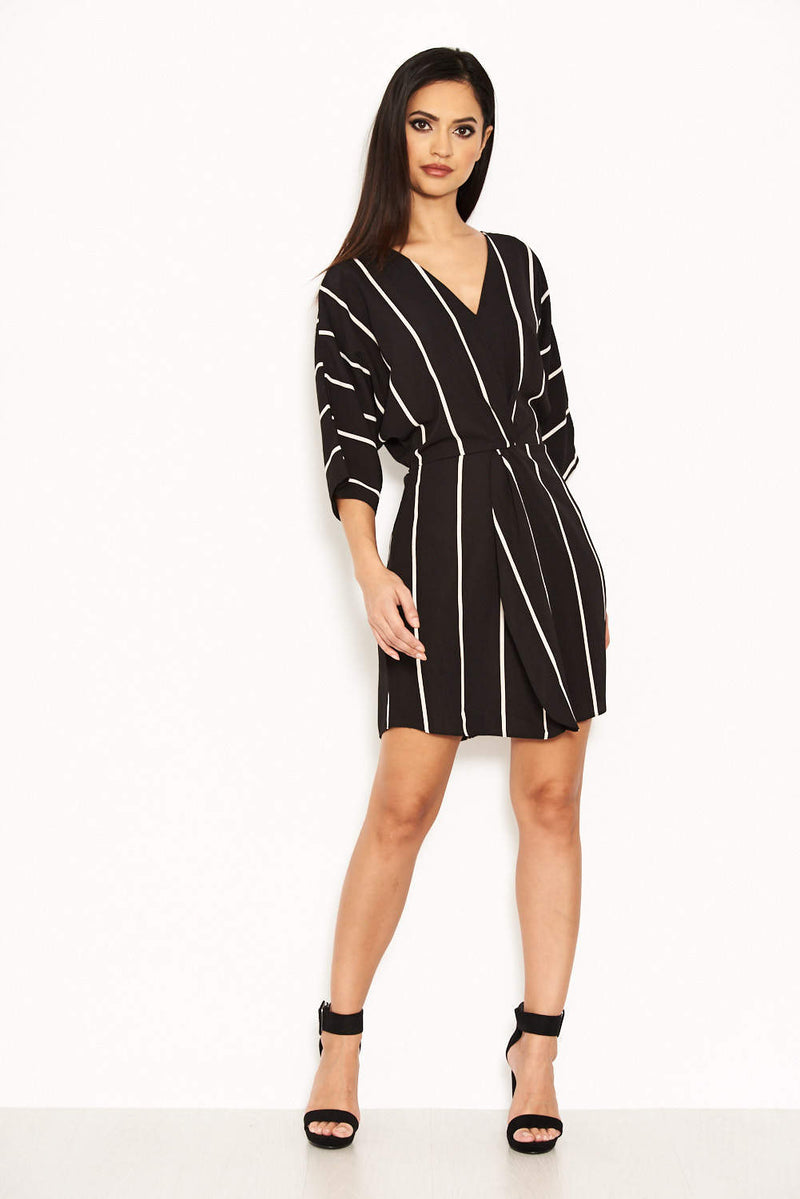 Black and White Striped Wrap Mini Dress