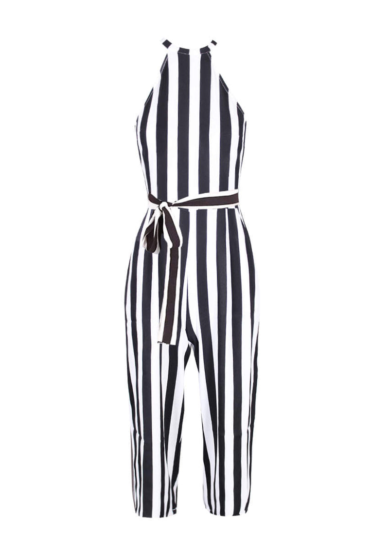 Black and White Stripped Cut in Neck Jumpsuit