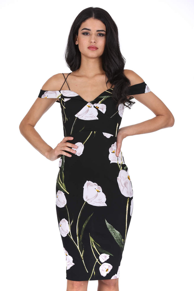 Black Floral Off The Shoulder Midi Dress