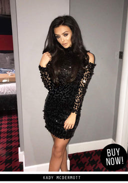 Black Sequin Cut Out Shoulder Dress