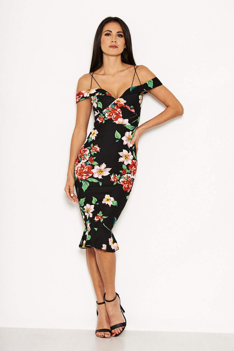 Black Floral Off The Shoulder Midi Dress