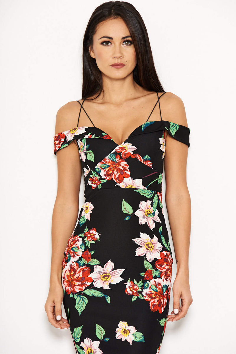 Black Floral Off The Shoulder Midi Dress