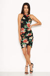 Black Floral Ruched Choker Neck Dress