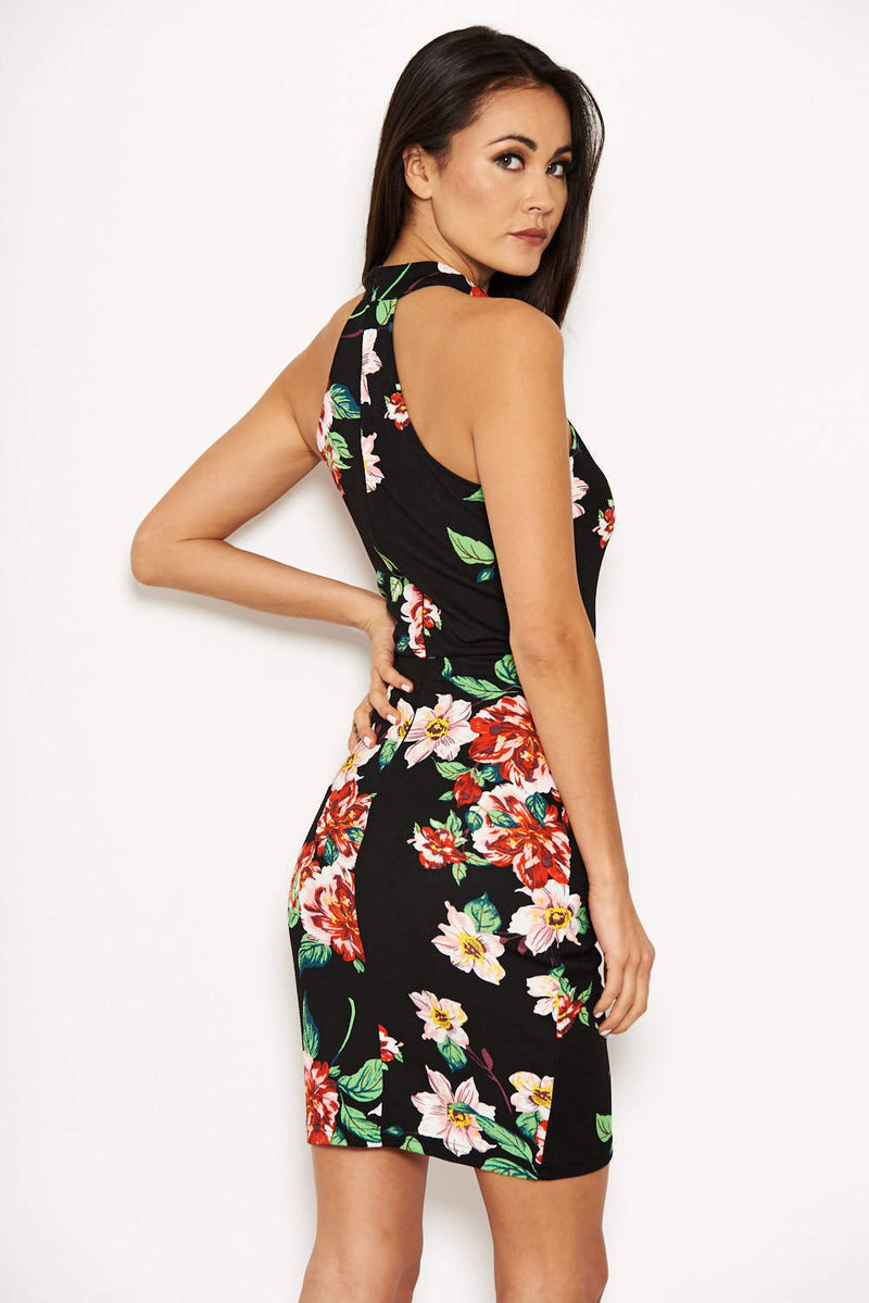 Black Floral Ruched Choker Neck Dress – AX Paris