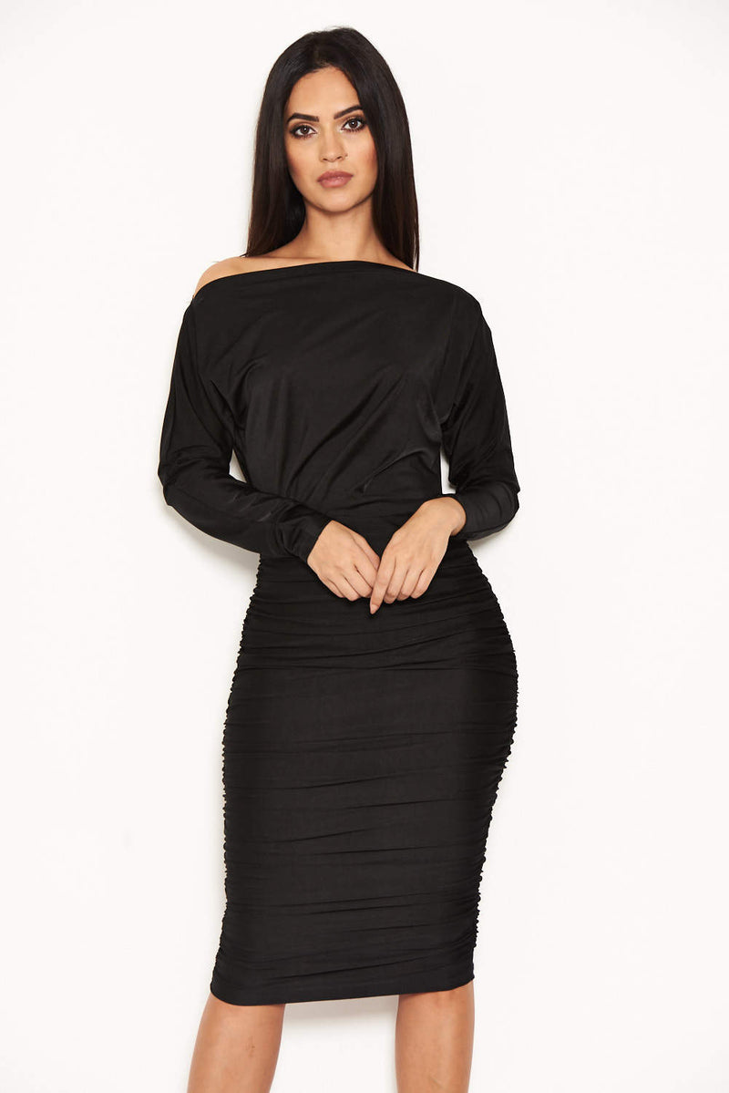 Black Boat Neck Dress With Ruched Detail