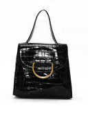 Black Croc Mini Patent Bag With Gold Ring