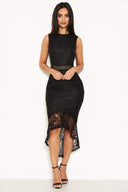 Black Fishtail Hem Lace Midi Dress