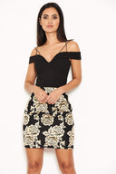 Black Floral Brocade Bodycon Dress With Delicate Straps