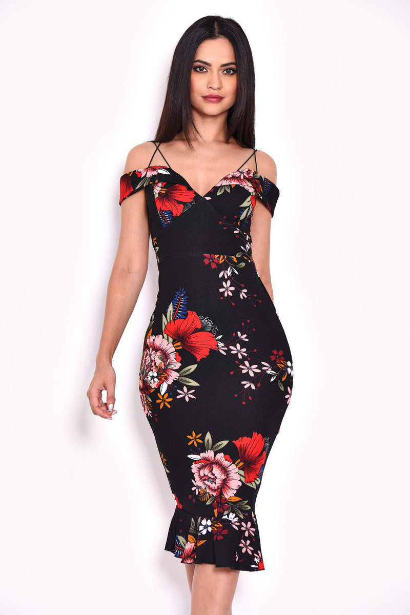 Black Floral Fishtail Midi Dress