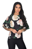 Black Floral Frill Sleeve Top