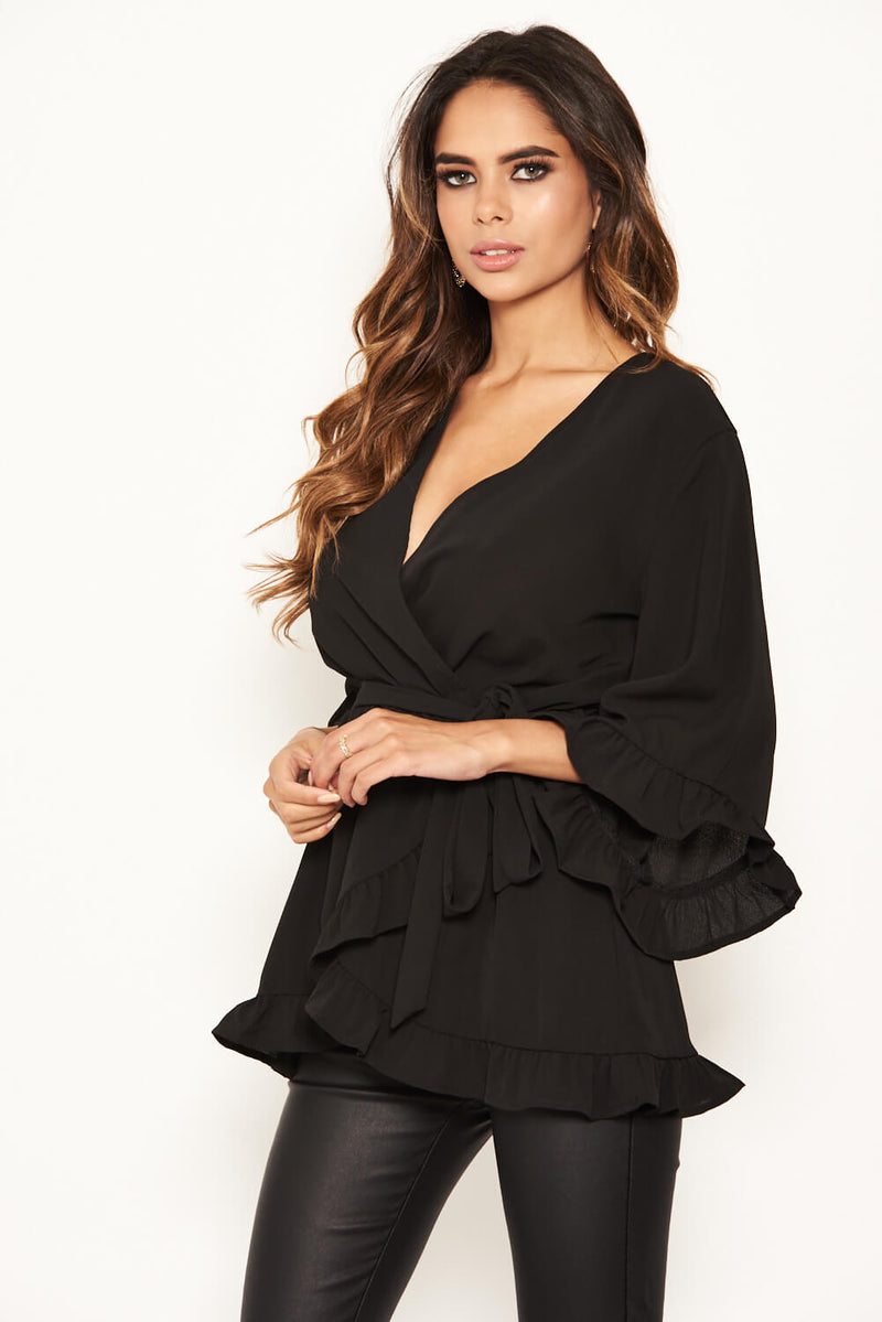 Black Frill Wrap Top