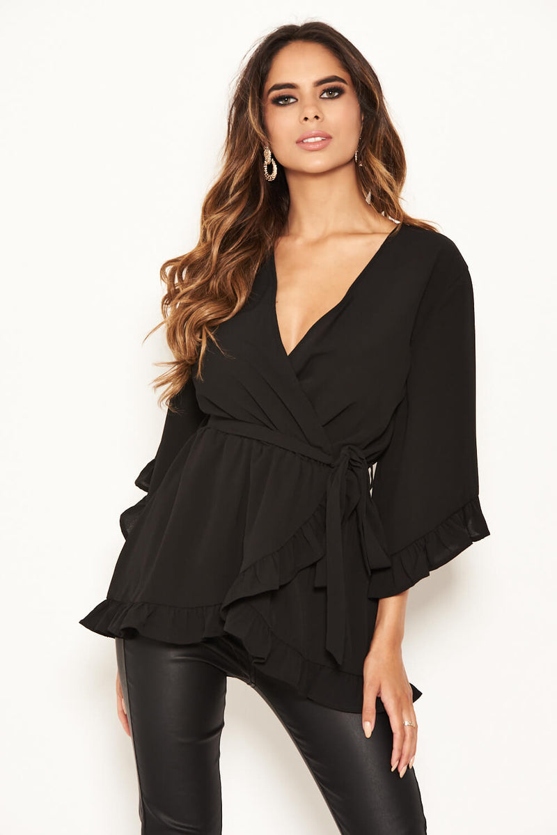 Black Frill Wrap Top