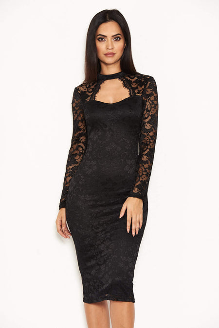Black Lace Midi Dress With Long Sleeves
