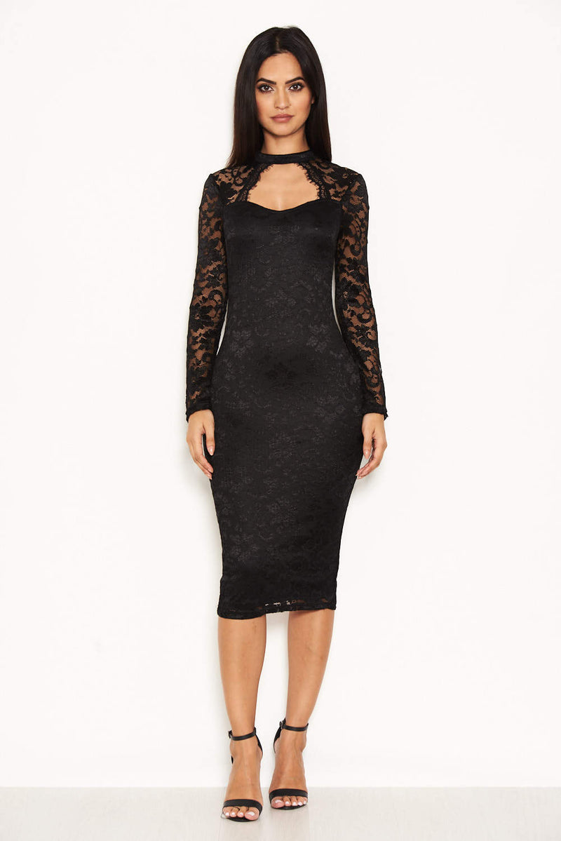 Black Lace Midi Dress With Long Sleeves