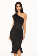 Black Lace One Shoulder Frill Detail Midi Dress