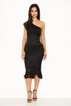 Black Lace One Shoulder Frill Detail Midi Dress