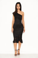 Black Lace One Shoulder Frill Detail Midi Dress