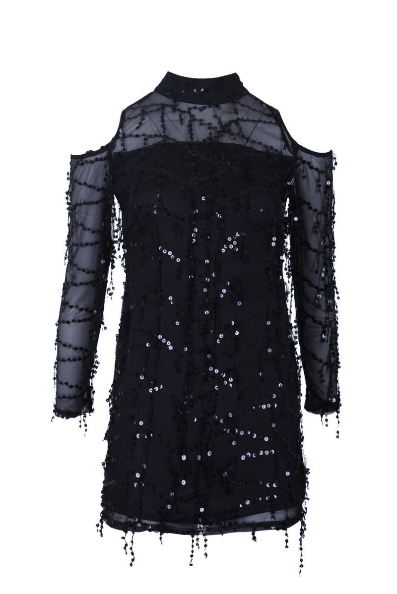 Black Long Sleeve Sequin Cut Out Dress