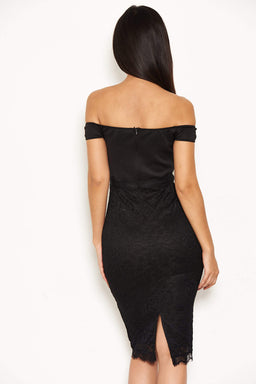 Black Notch Front Lace Detail Midi Dress