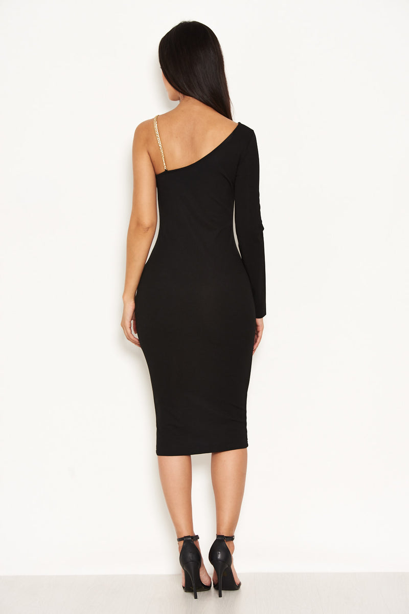 Black One Shoulder Dress With Chain Detail